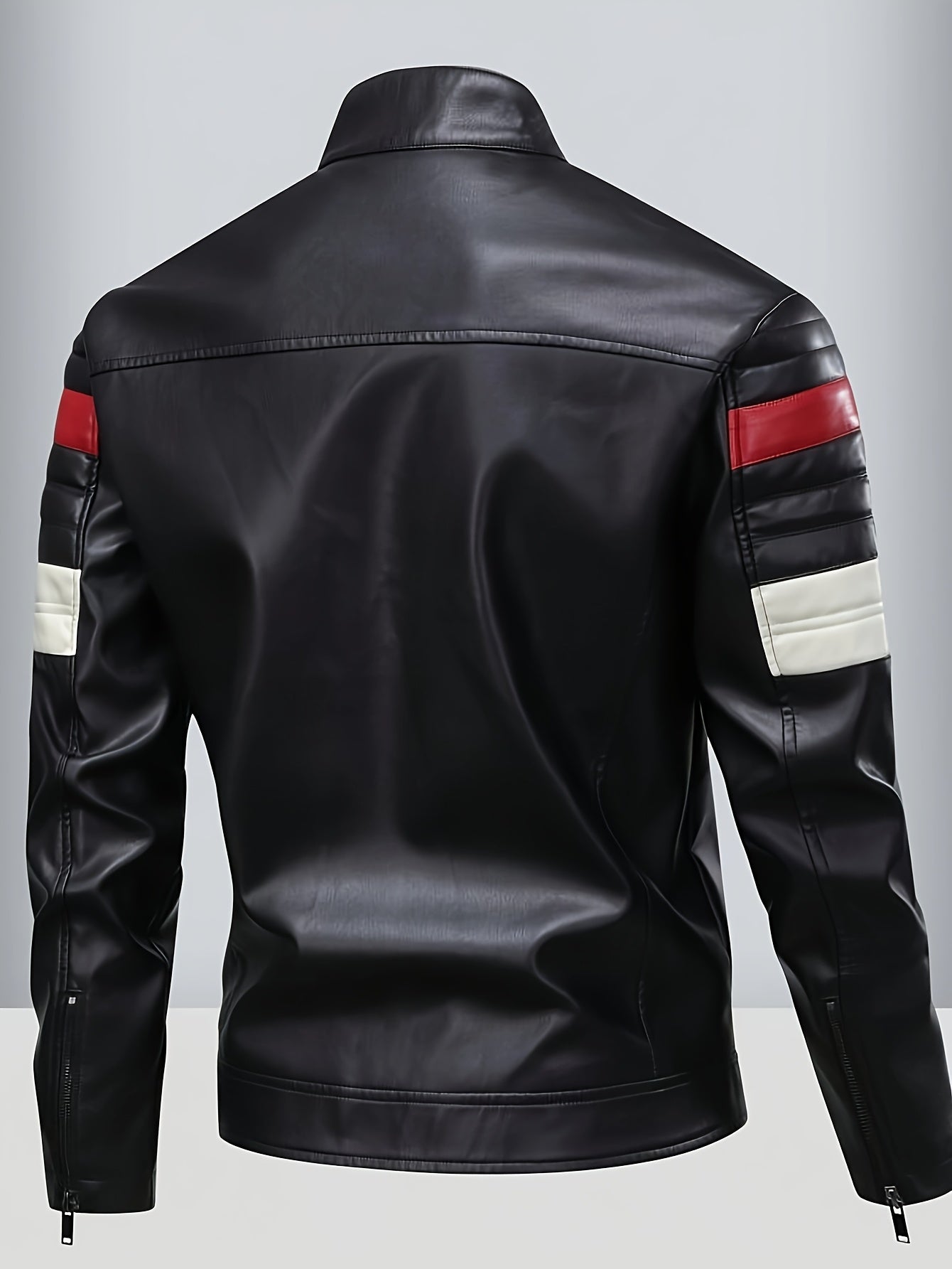 Men's Stylish PU Leather Biker Jacket - Black & Red Color Block Design with \