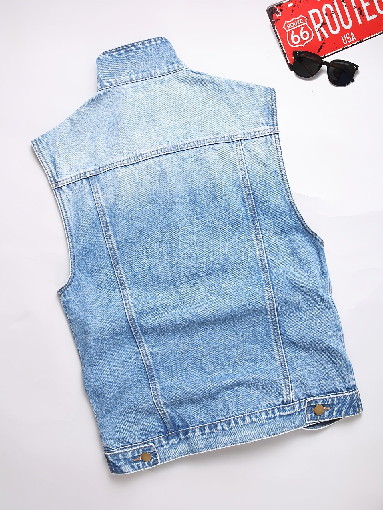 Veste en jean décontractée pour homme, mélange de coton, non extensible, couleur unie, sans manches, col à revers, coupe standard, tissée avec détails de poches