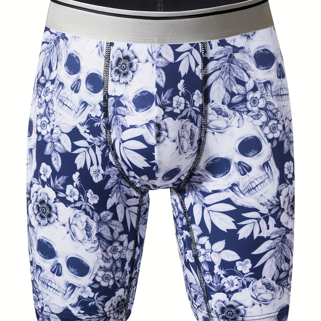 Caleçons à imprimé crâne floral pour hommes, en tissu tricoté polyester à haute extensibilité, design de poche en U pour la peau, anti-rayures et anti-humidité pour un usage quotidien et des activités en extérieur.