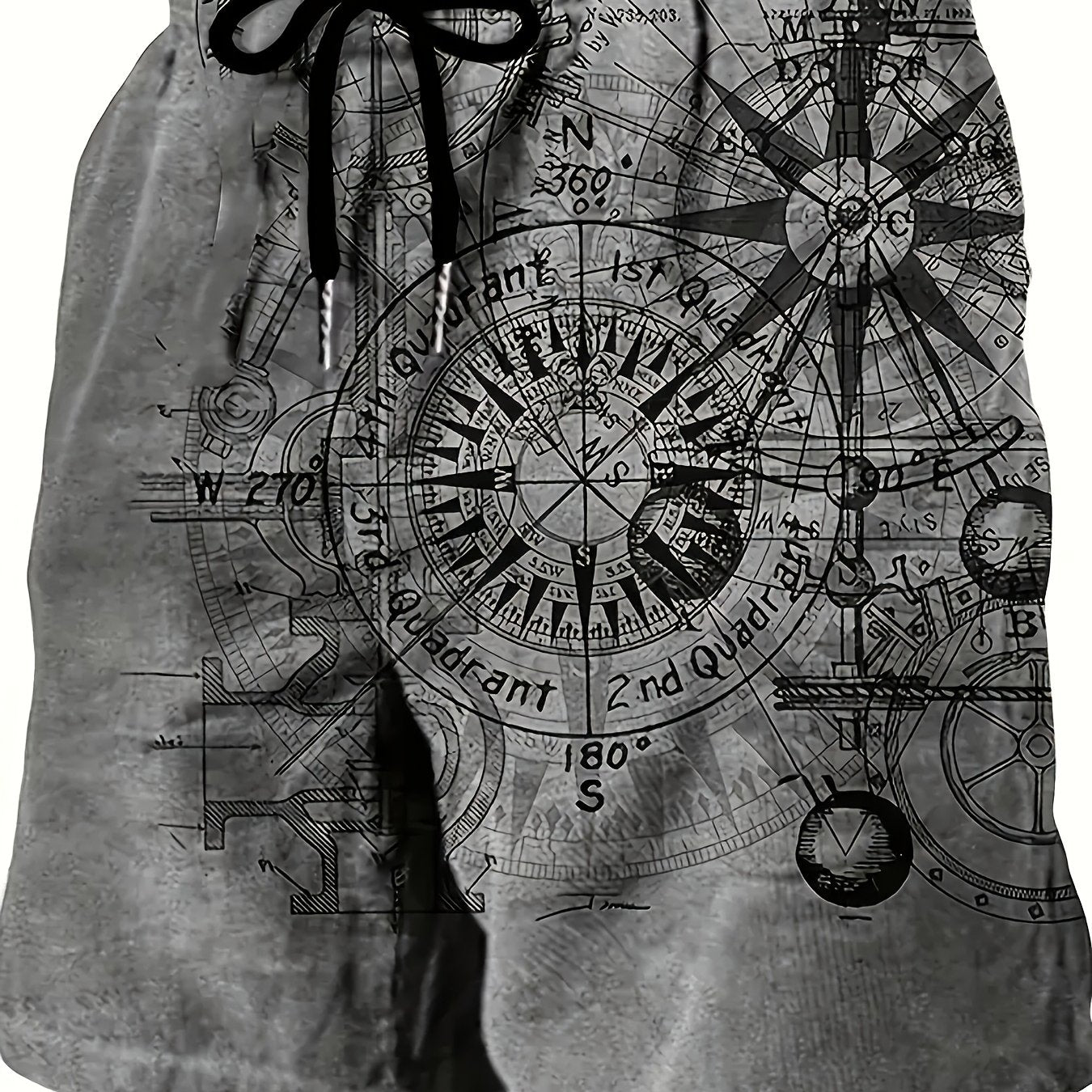 Men's Vintage Nautical Quick-Dry Shorts - Compass & Sailing Charts Design, Ideal for Summer Water Sports, Beach, and Surfing, Lightweight Polyester Fabric with Drawstring Waist