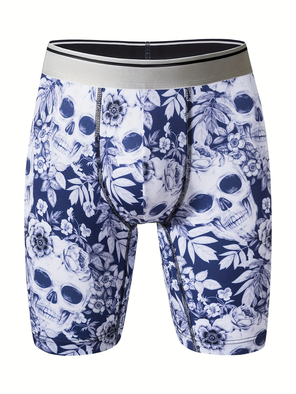 Caleçons à imprimé crâne floral pour hommes, en tissu tricoté polyester à haute extensibilité, design de poche en U pour la peau, anti-rayures et anti-humidité pour un usage quotidien et des activités en extérieur.