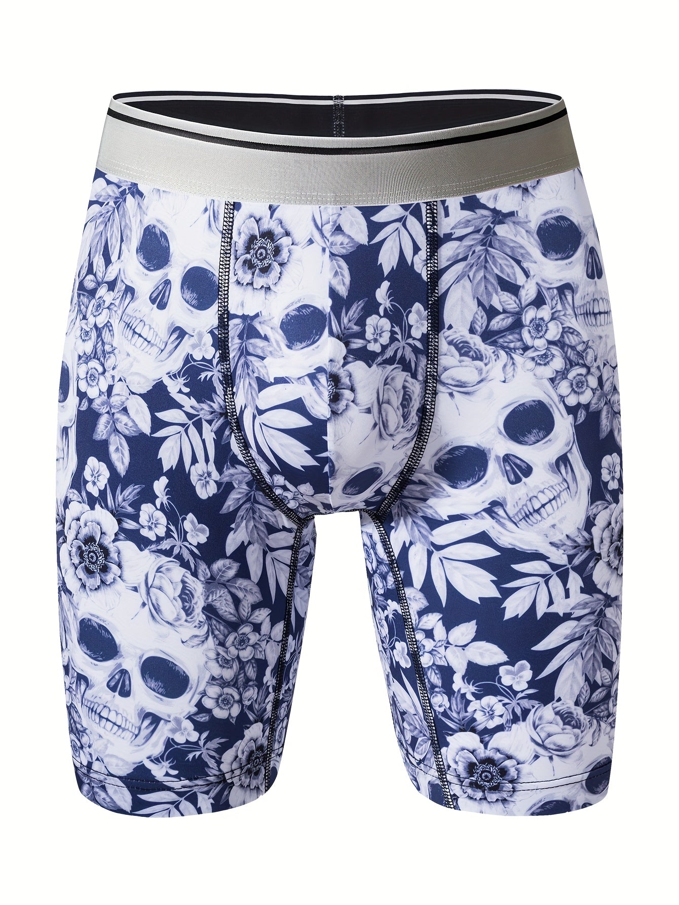 Caleçons à imprimé crâne floral pour hommes, en tissu tricoté polyester à haute extensibilité, design de poche en U pour la peau, anti-rayures et anti-humidité pour un usage quotidien et des activités en extérieur.