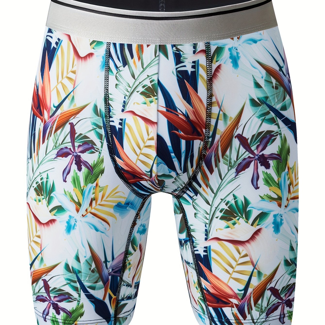 1pc Boxer pour homme à imprimé floral tropical, tissu en tricot polyester hautement extensible, ceinture contrastée, soutien ergonomique complet, anti-humidité, séchage rapide, anti-frottement, idéal pour l'extérieur, le sport, les tenues décontractées