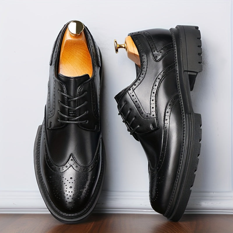 Men's Genuine Leather Business Casual Shoes - Breathable Low-Top Lace-Up Formal & Semi-Formal Footwear with Thick Rubber Sole, Pointed Toe, Black for Office & Casual Wear