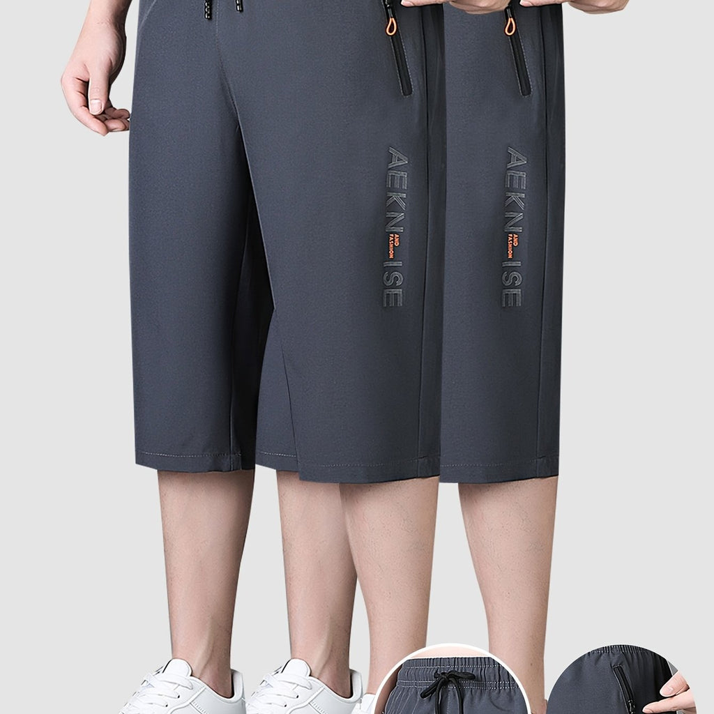 2pcs Men's Mid-Thigh Athletic Shorts with Drawstring & Zipper Pockets - Stylish Letter Print Design, Black & Navy Blue, Perfect for Gym, Casual Wear, Yoga, and Outdoor Activities, Modern Sports Apparel | Durable Sportswear