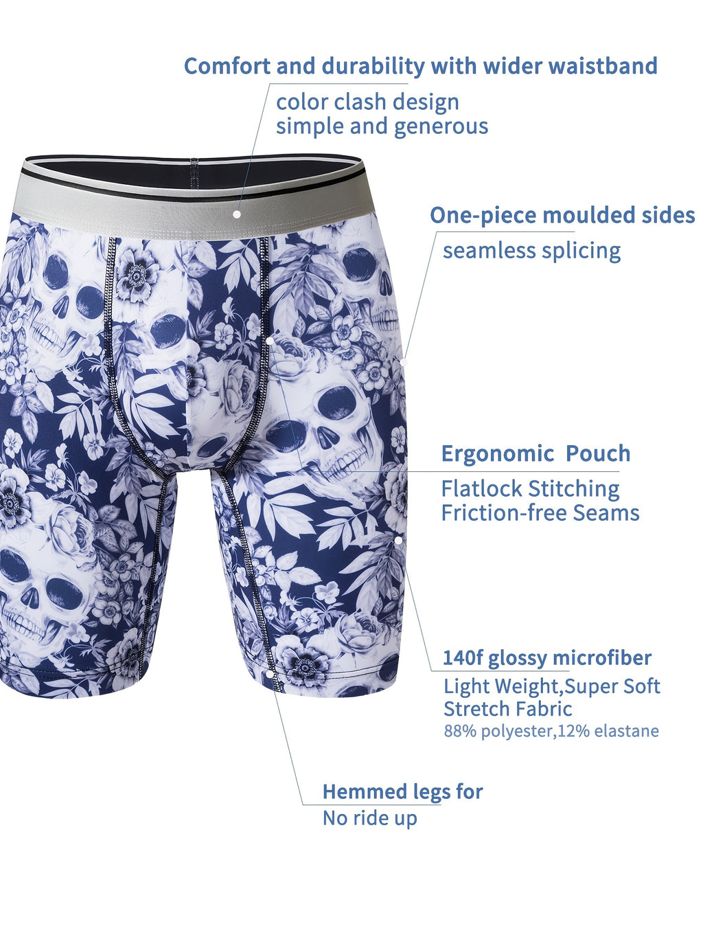 Caleçons à imprimé crâne floral pour hommes, en tissu tricoté polyester à haute extensibilité, design de poche en U pour la peau, anti-rayures et anti-humidité pour un usage quotidien et des activités en extérieur.