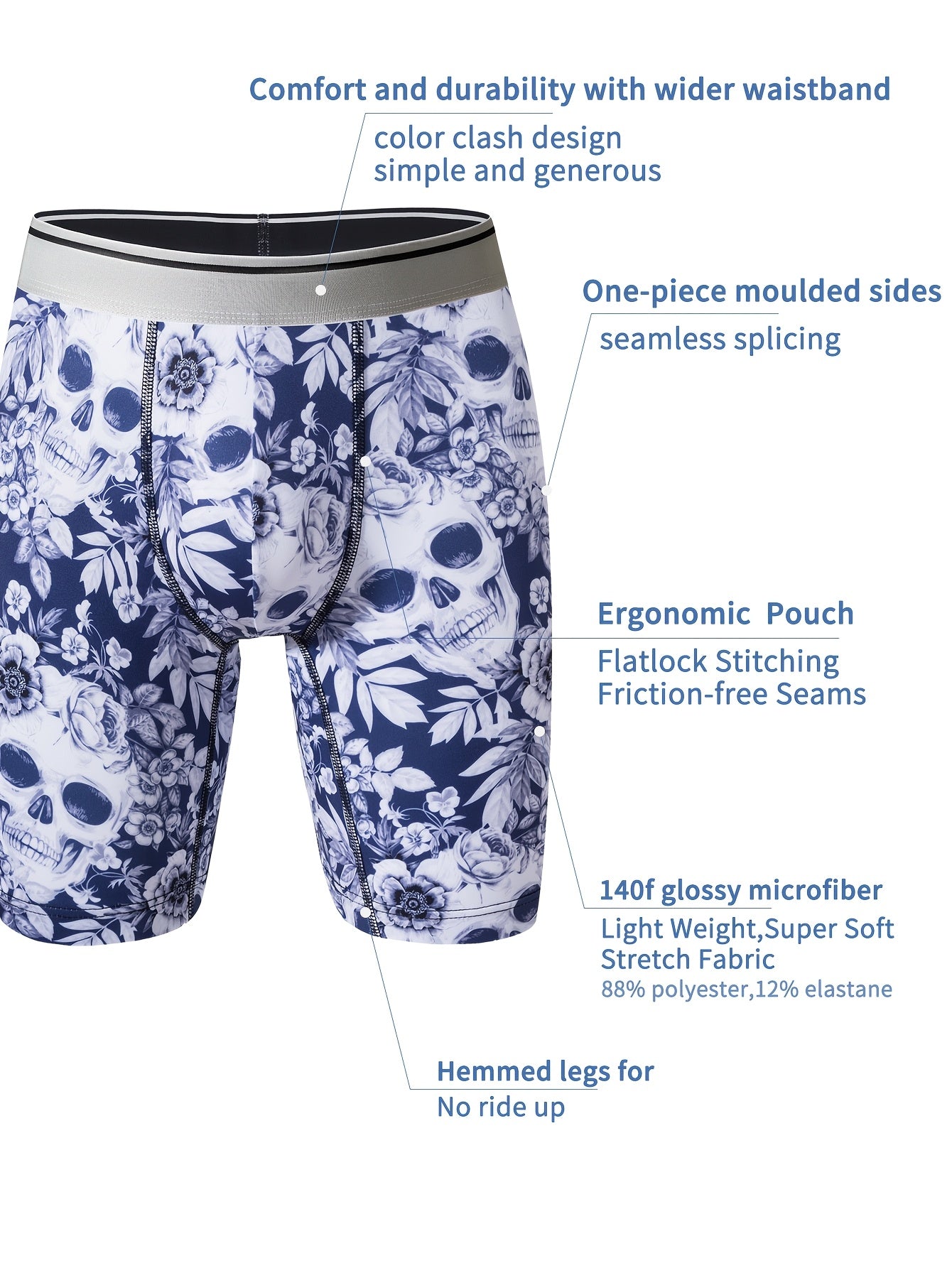 Caleçons à imprimé crâne floral pour hommes, en tissu tricoté polyester à haute extensibilité, design de poche en U pour la peau, anti-rayures et anti-humidité pour un usage quotidien et des activités en extérieur.