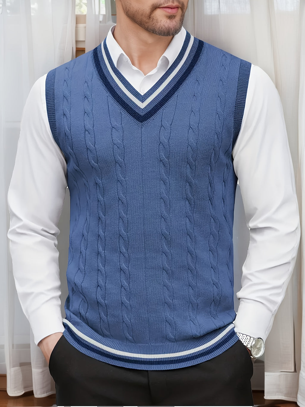 Gilet Homme Sans Manches Col en V Tricoté, Design Décontracté et Rétro, Idéal pour l'Automne et l'Hiver, Parfait pour un Look Décontracté et Sophistiqué en Toute Occasion