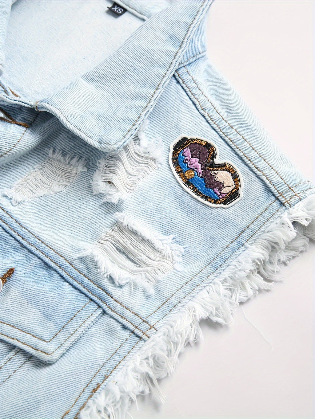 Veste en denim délavé pour homme, mélange coton, non extensible, déchirée, coupe régulière, sans manches, col à revers, style streetwear, tissé, pour printemps\u002Fautomne