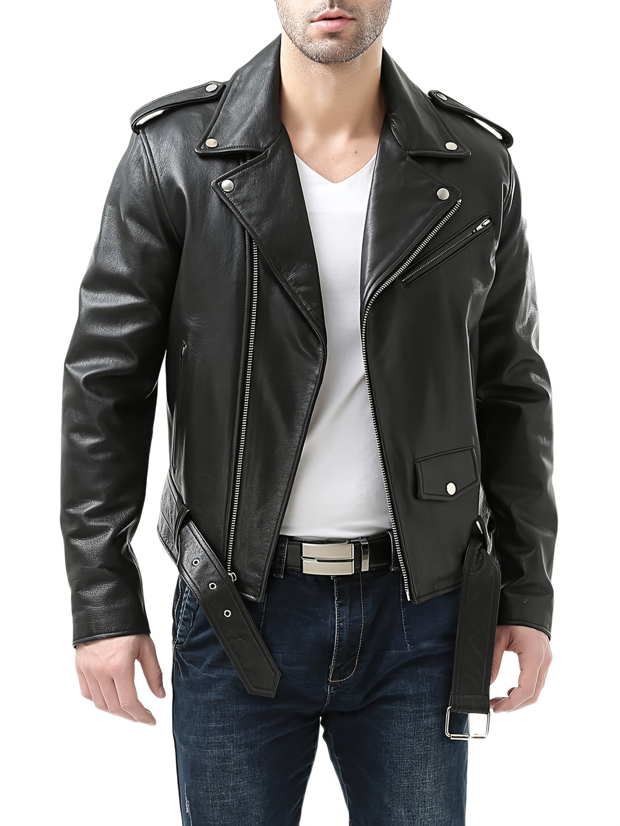 Men'S Fitted Motorcycle-Style PU Faux Leather Jacket