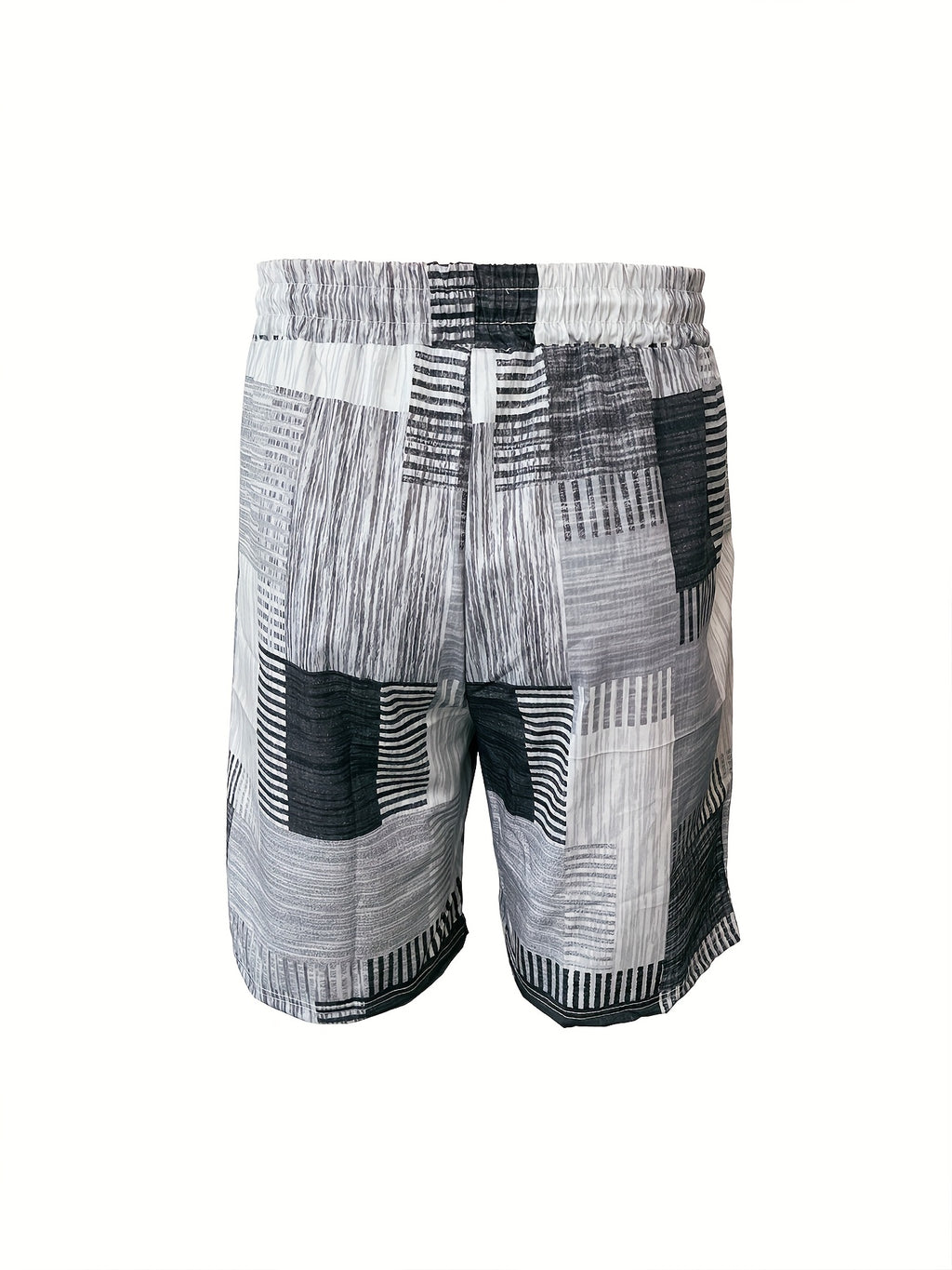 Men'S Geometric-Patterned Casual Beach Shorts, 100% Polyester, Slight Stretch, Drawstring, Regular Fit, Woven Fabric, 120g\u002Fm² - European and American Style Summer Fashion