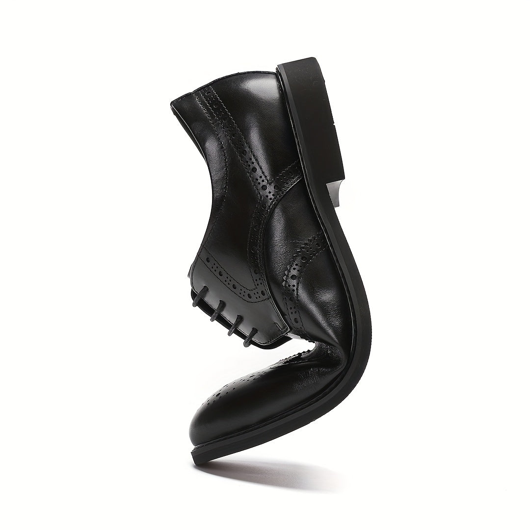 Men's Genuine Leather Dress Shoes - Breathable Wingtip Oxfords with Brogue Design, Classic Black Business & Formal Style for Weddings, Parties, and British Events