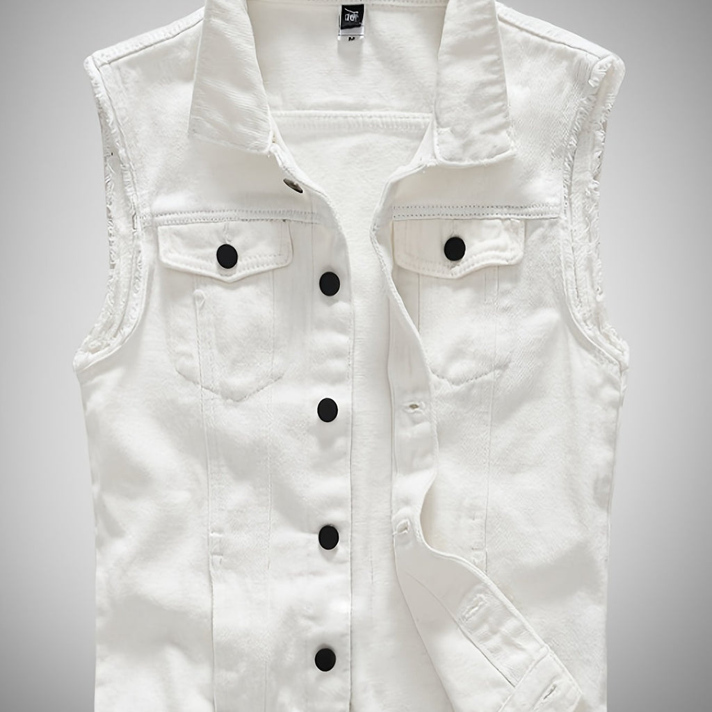 Veste décontractée en denim pour homme - Style moto, couleur unie, boutonnage, tissu non extensible, idéale pour le printemps\u002Fl'automne