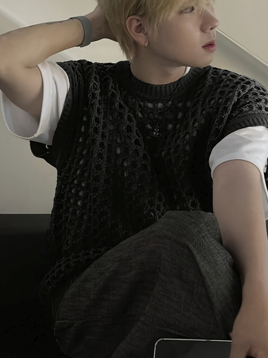 Débardeur homme en viscose ajourée, col rond sans manches - Couleur unie pour look décontracté, extérieur et streetwear - Printemps\u002FÉté\u002FAutomne