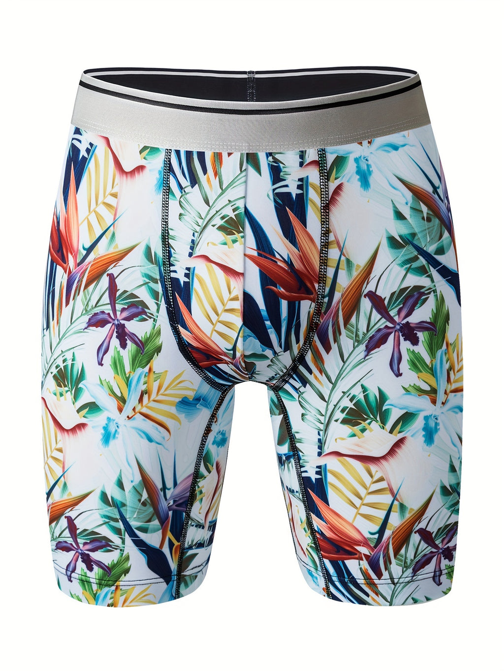 1pc Boxer pour homme à imprimé floral tropical, tissu en tricot polyester hautement extensible, ceinture contrastée, soutien ergonomique complet, anti-humidité, séchage rapide, anti-frottement, idéal pour l'extérieur, le sport, les tenues décontractées