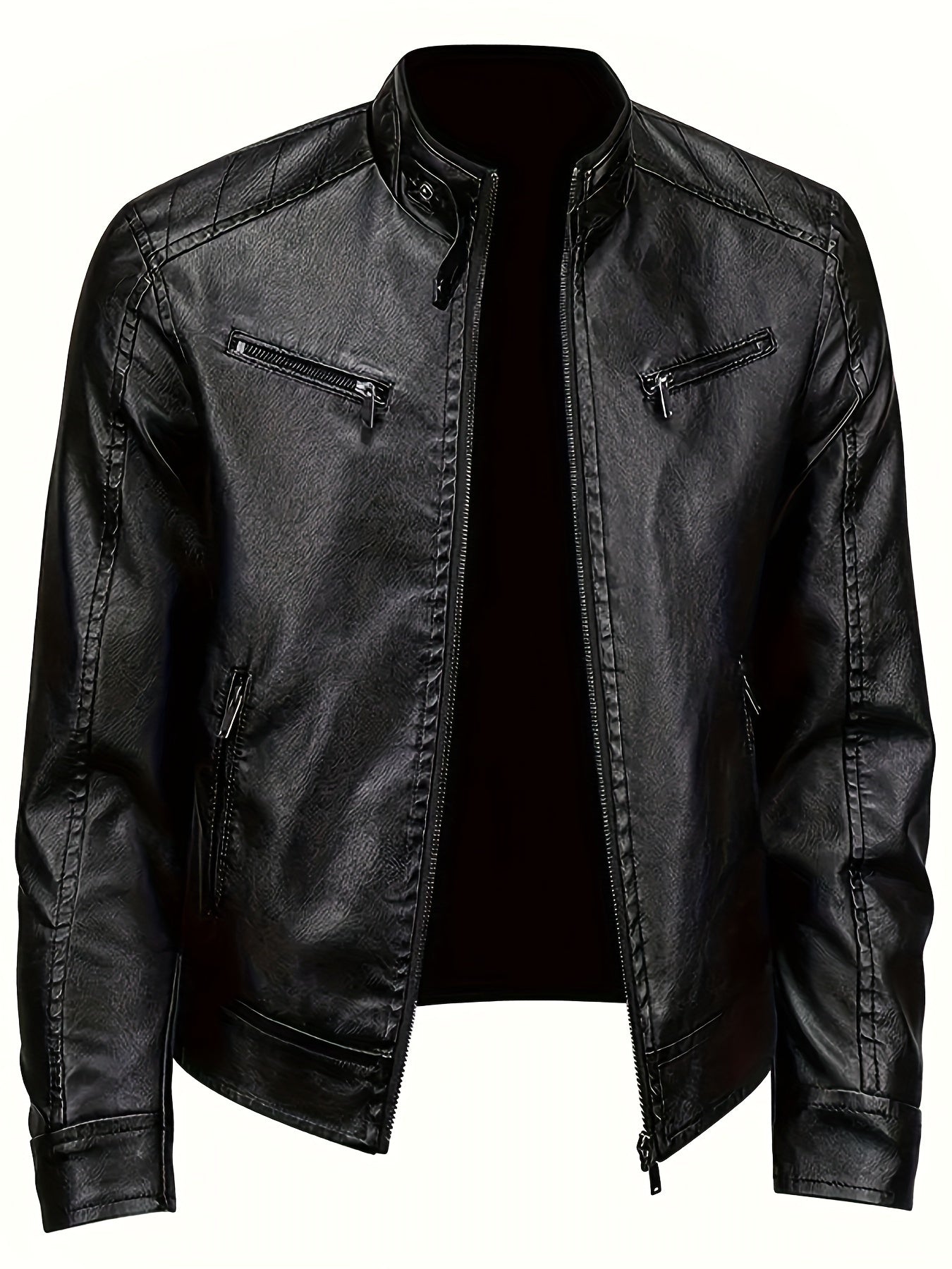 Men's Black PU Leather Jacket - Stylish Stand Collar Moto Biker Outerwear with Zipper & Multiple Pockets, Casual Fall\u002FWinter Fashion, Winter Jacket | Fashion Forward Leatherwear | PU Leather Look, Motorcycle Riding Gear