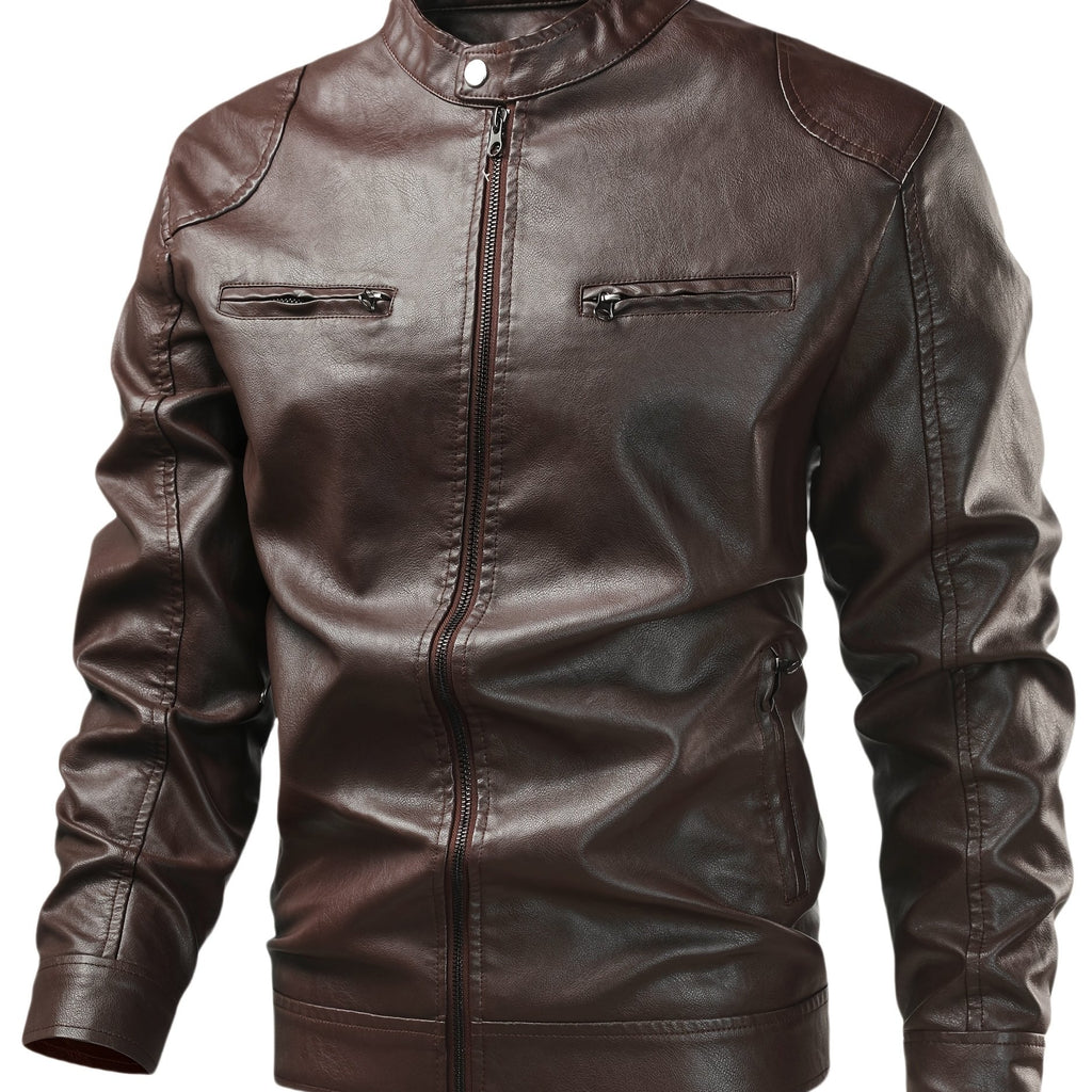 Men'S Casual Faux Leather Jacket - Black, Four-Season Zip-Up with Button Closure, Non-Stretch Fabric, Perfect for Outdoor Activities & Casual Attire, Hiking Jacket | Buttonup Jacket | Durable Construction