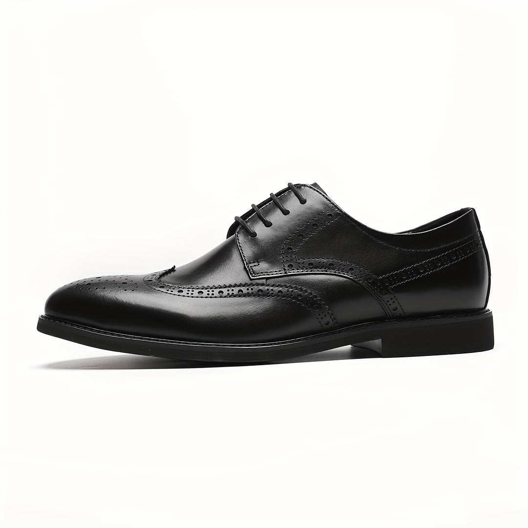 Men's Genuine Leather Dress Shoes - Breathable Wingtip Oxfords with Brogue Design, Classic Black Business & Formal Style for Weddings, Parties, and British Events