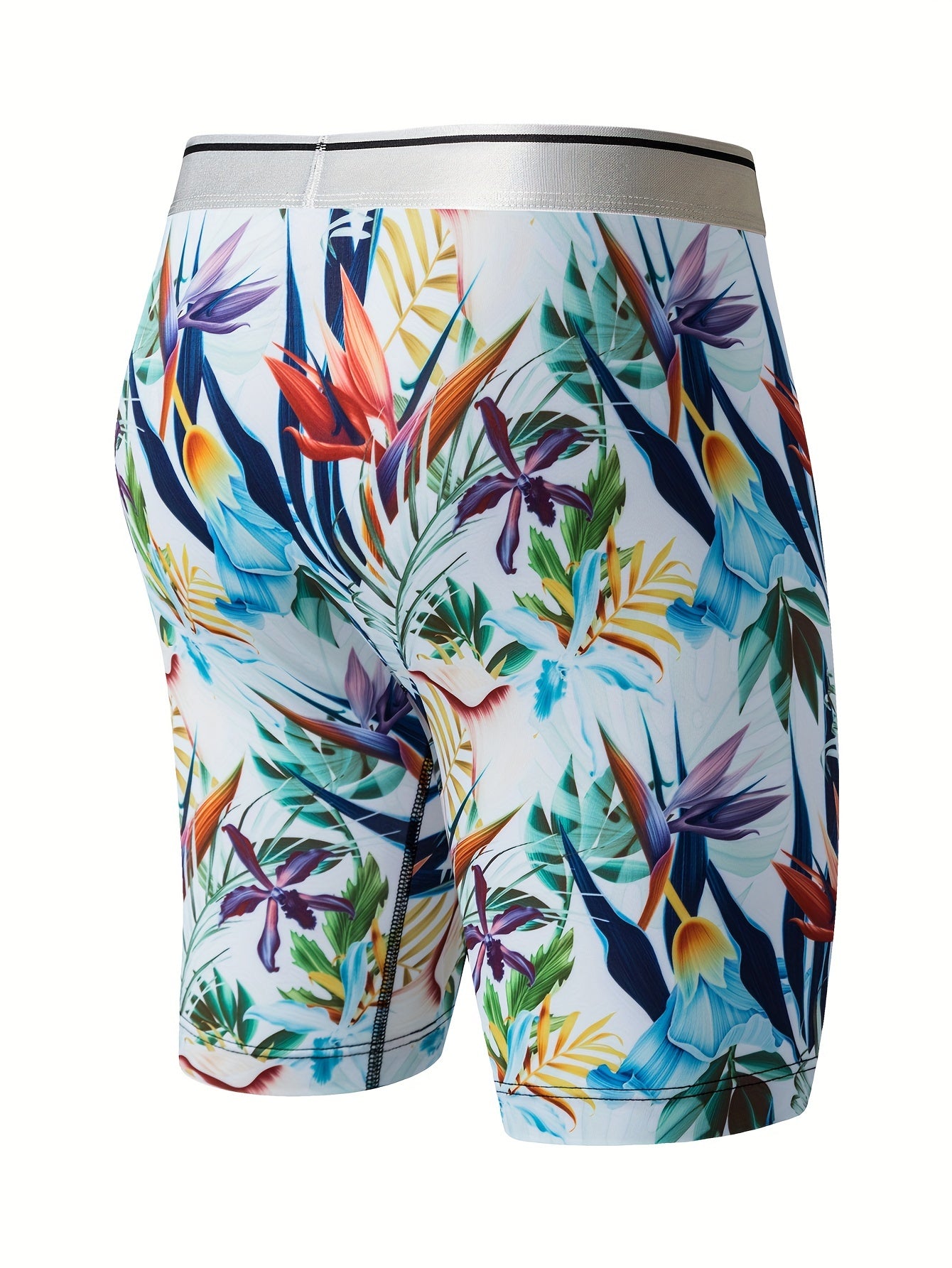 1pc Boxer pour homme à imprimé floral tropical, tissu en tricot polyester hautement extensible, ceinture contrastée, soutien ergonomique complet, anti-humidité, séchage rapide, anti-frottement, idéal pour l'extérieur, le sport, les tenues décontractées