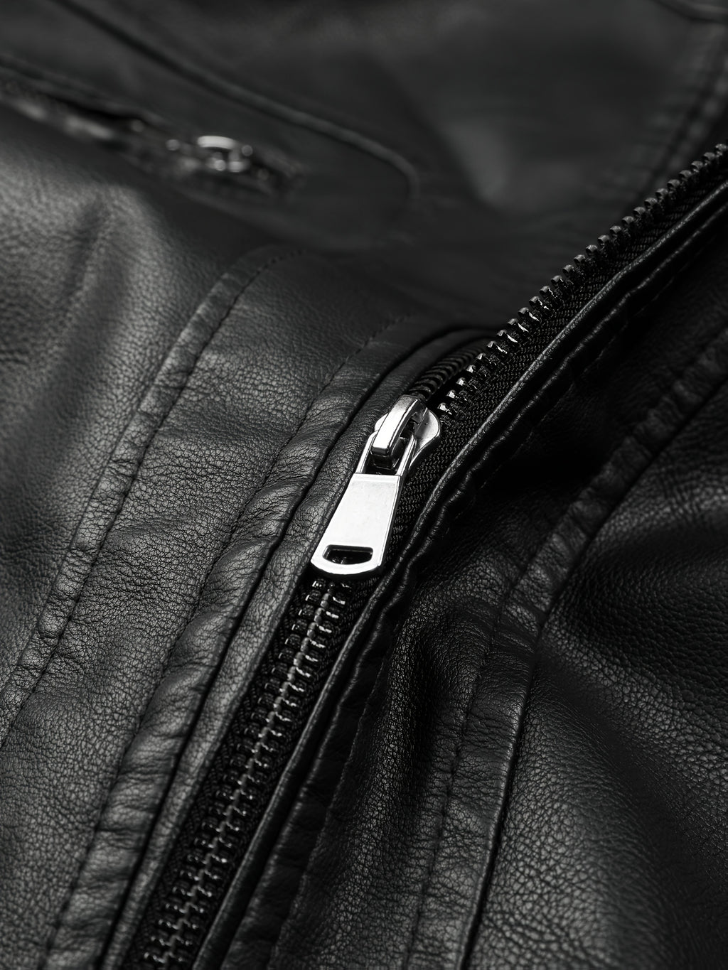 Men's Slim Fit PU Leather Jacket - Black, Double Zipper, Stand Collar, Warm Lined, Casual Style, Machine Washable, Everyday Jacket | Modern PU Leather Jacket | Durable PU Leather Look