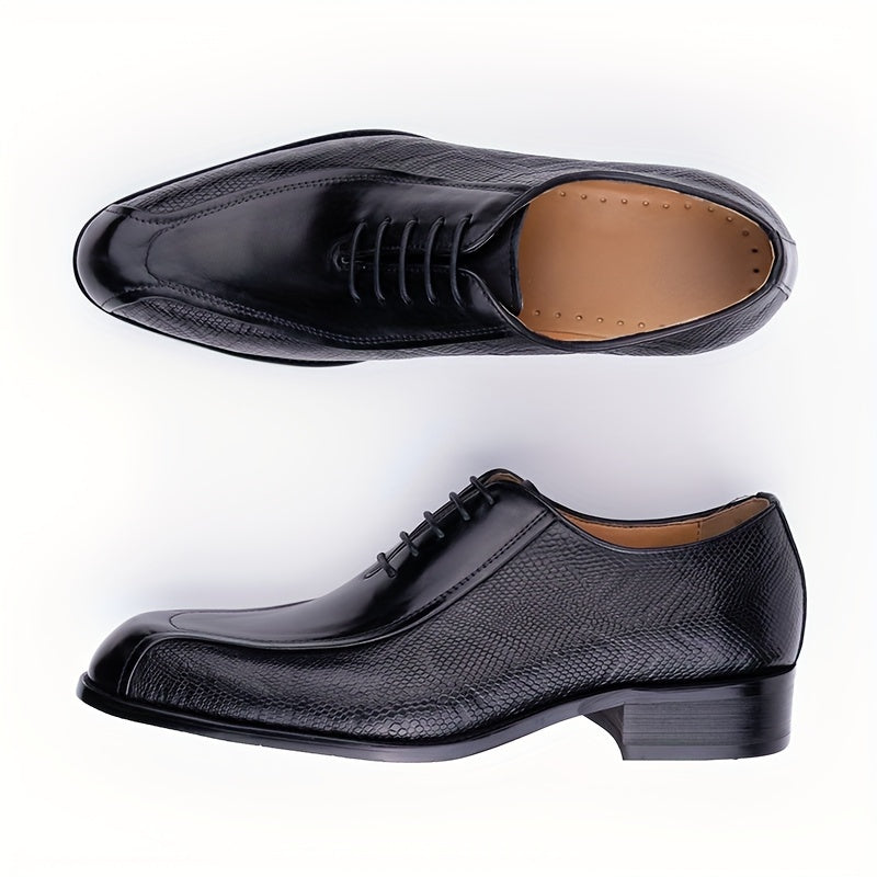 Men's Solid Colour Top Grain Cow Leather Upper Plain Toe Oxford Shoes, Comfy Non Slip Lace Up Rubber Sole Dress Shoes