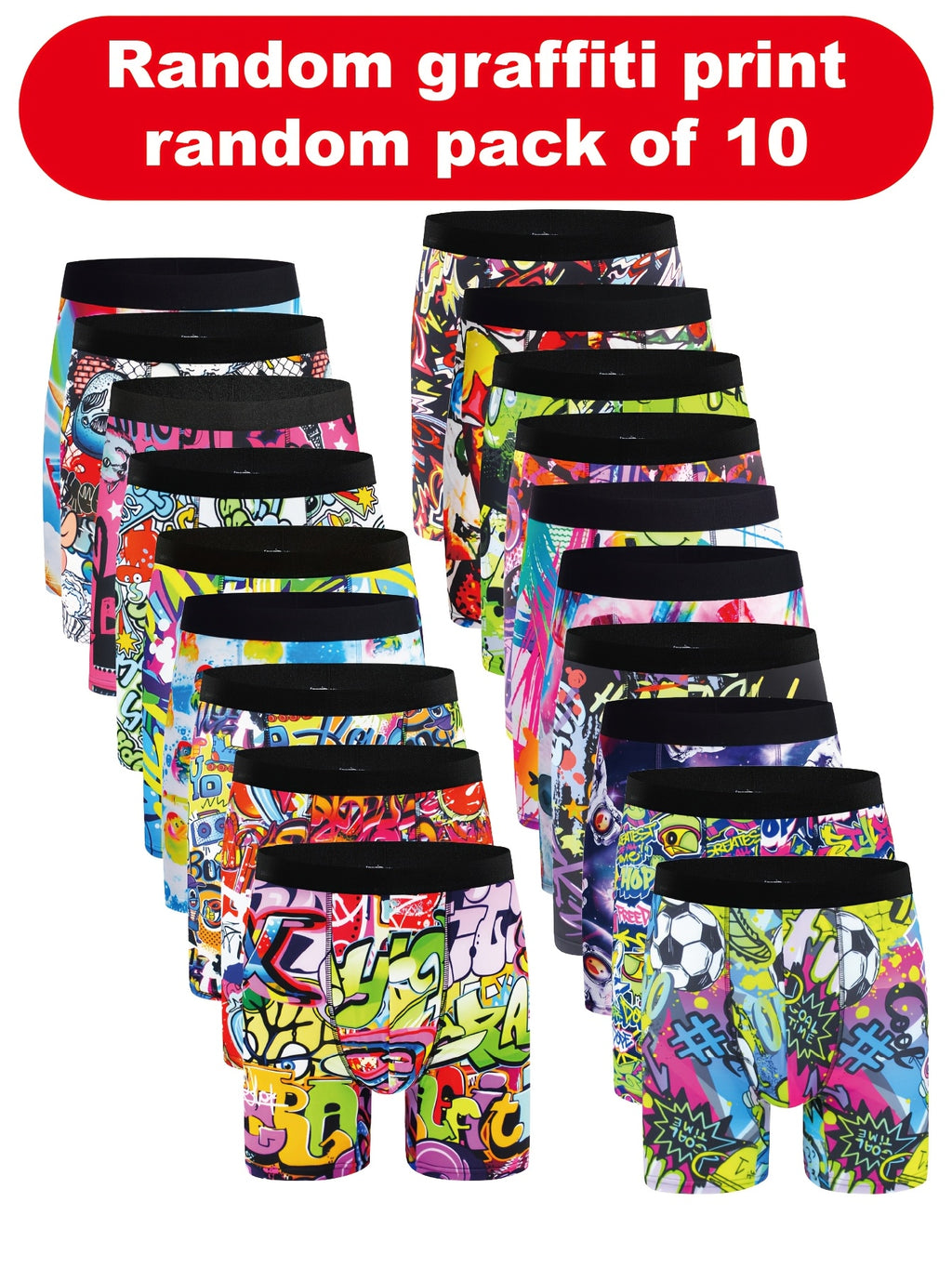 10pcs Boxers Longs pour Hommes à Imprimé Graffiti - Respirants, Mélange de Polyester Extensible, Sous-vêtements Non-Transparents