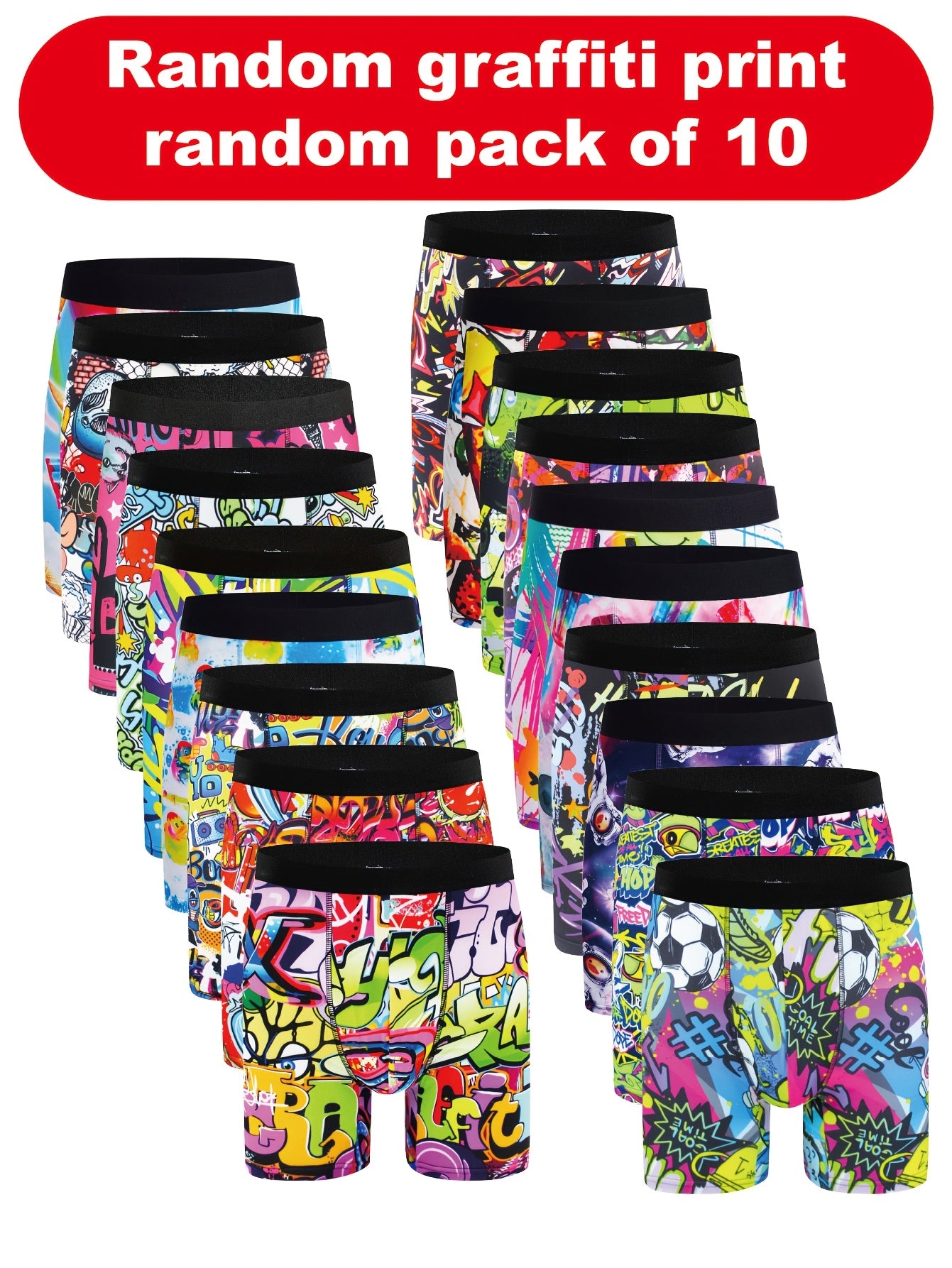 10pcs Boxers Longs pour Hommes à Imprimé Graffiti - Respirants, Mélange de Polyester Extensible, Sous-vêtements Non-Transparents
