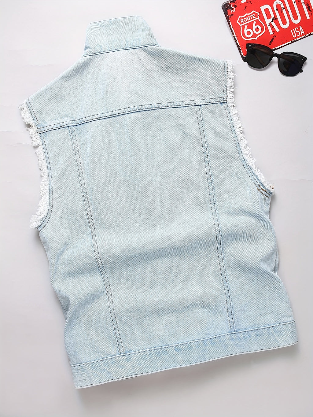 Veste en denim délavé pour homme, mélange coton, non extensible, déchirée, coupe régulière, sans manches, col à revers, style streetwear, tissé, pour printemps\u002Fautomne