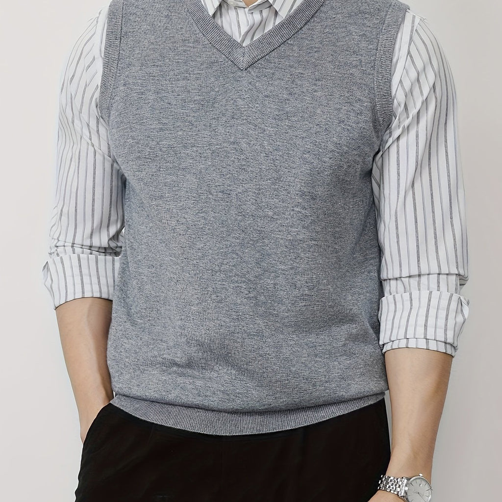 1pc Gilet sans manches en tricot à col en V uni pour homme - Pullover en polyester légèrement extensible pour le printemps\u002Fl'automne - Débardeur en tricot ajusté
