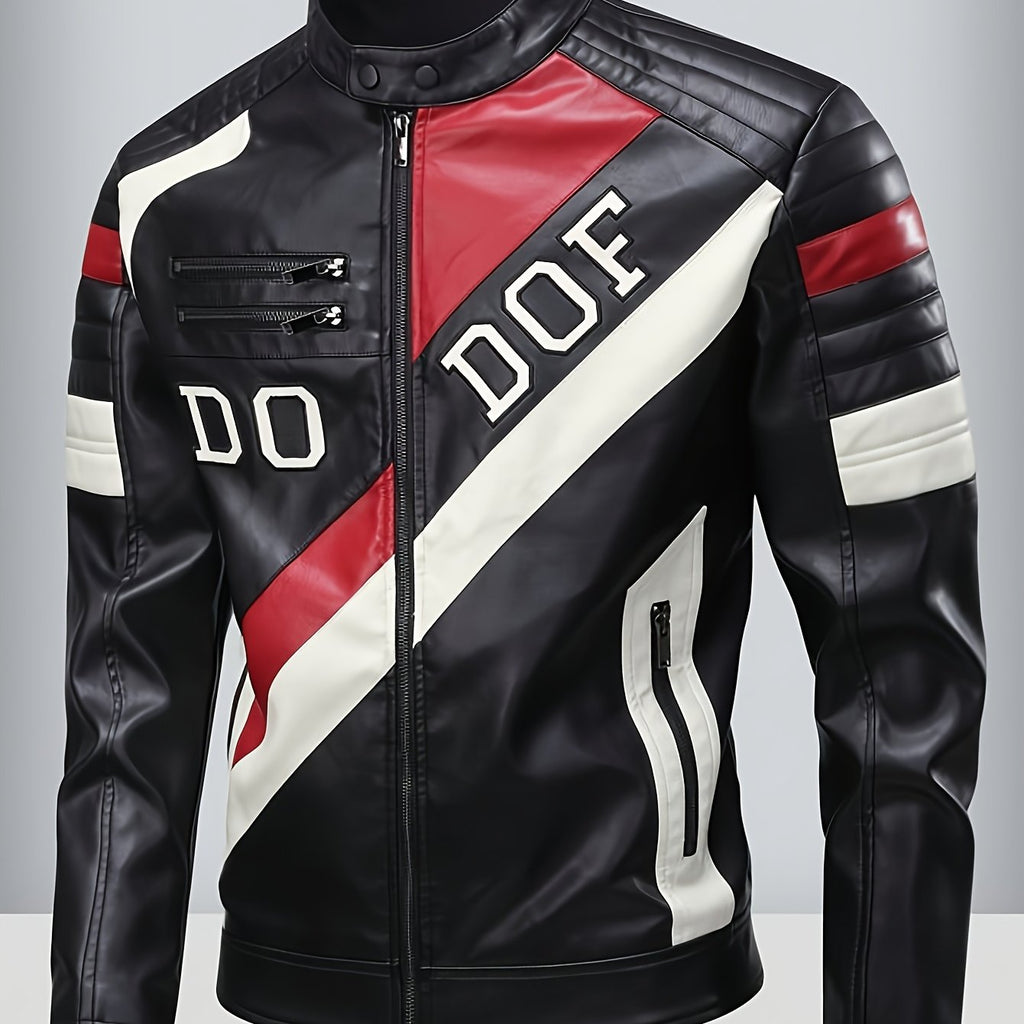 Men's Stylish PU Leather Biker Jacket - Black & Red Color Block Design with \