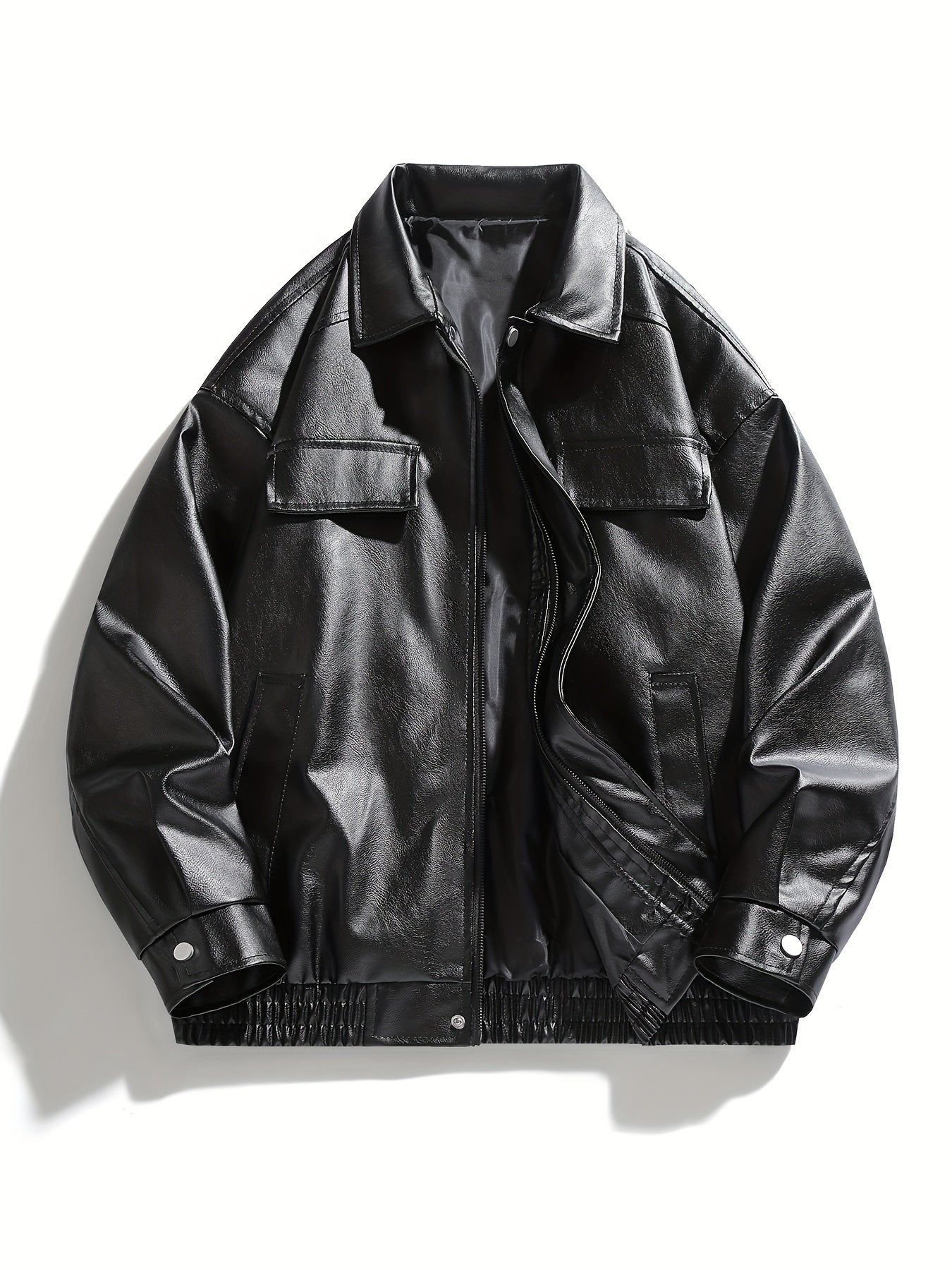 AWESOME BIRD Men's Retro PU Leather Jacket - Casual Street Style, Black Smooth Finish, Long Sleeve with Flap Pockets, Zip-Up Closure, Machine Washable, Polyester Blend