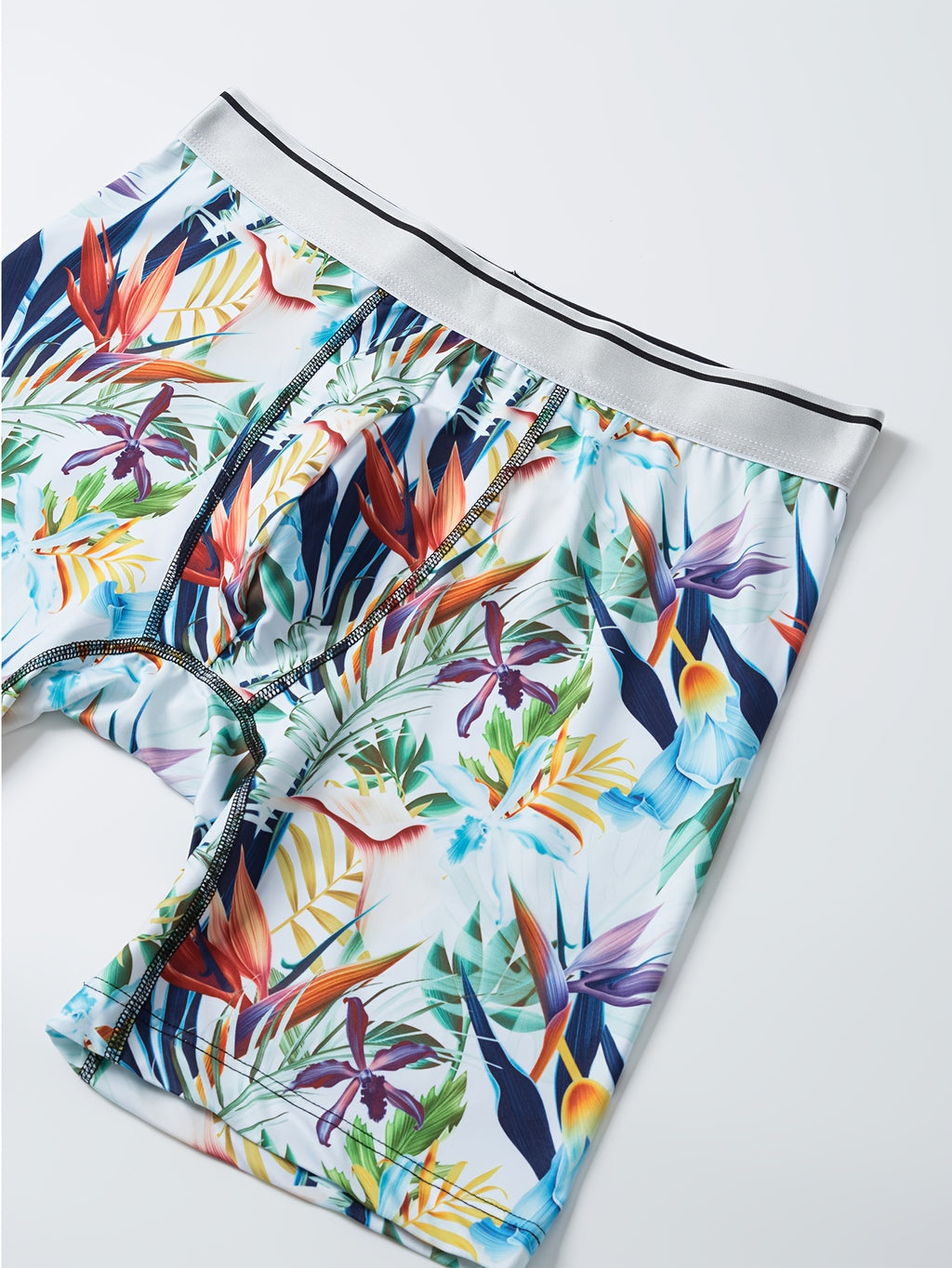 1pc Boxer pour homme à imprimé floral tropical, tissu en tricot polyester hautement extensible, ceinture contrastée, soutien ergonomique complet, anti-humidité, séchage rapide, anti-frottement, idéal pour l'extérieur, le sport, les tenues décontractées