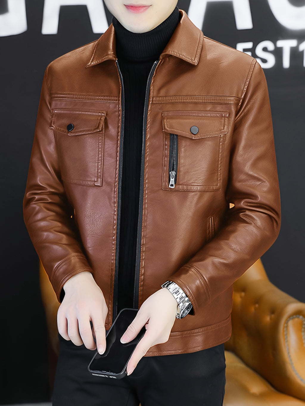 Men'S Casual Jacket, Solid Color, Long Sleeve, Regular Fit, Zipper Closure, Polyester Lining, 91% Polyester, 9% Viscose, 100%, Lapel Collar, Woven Fabric, Daily Wear, Thick