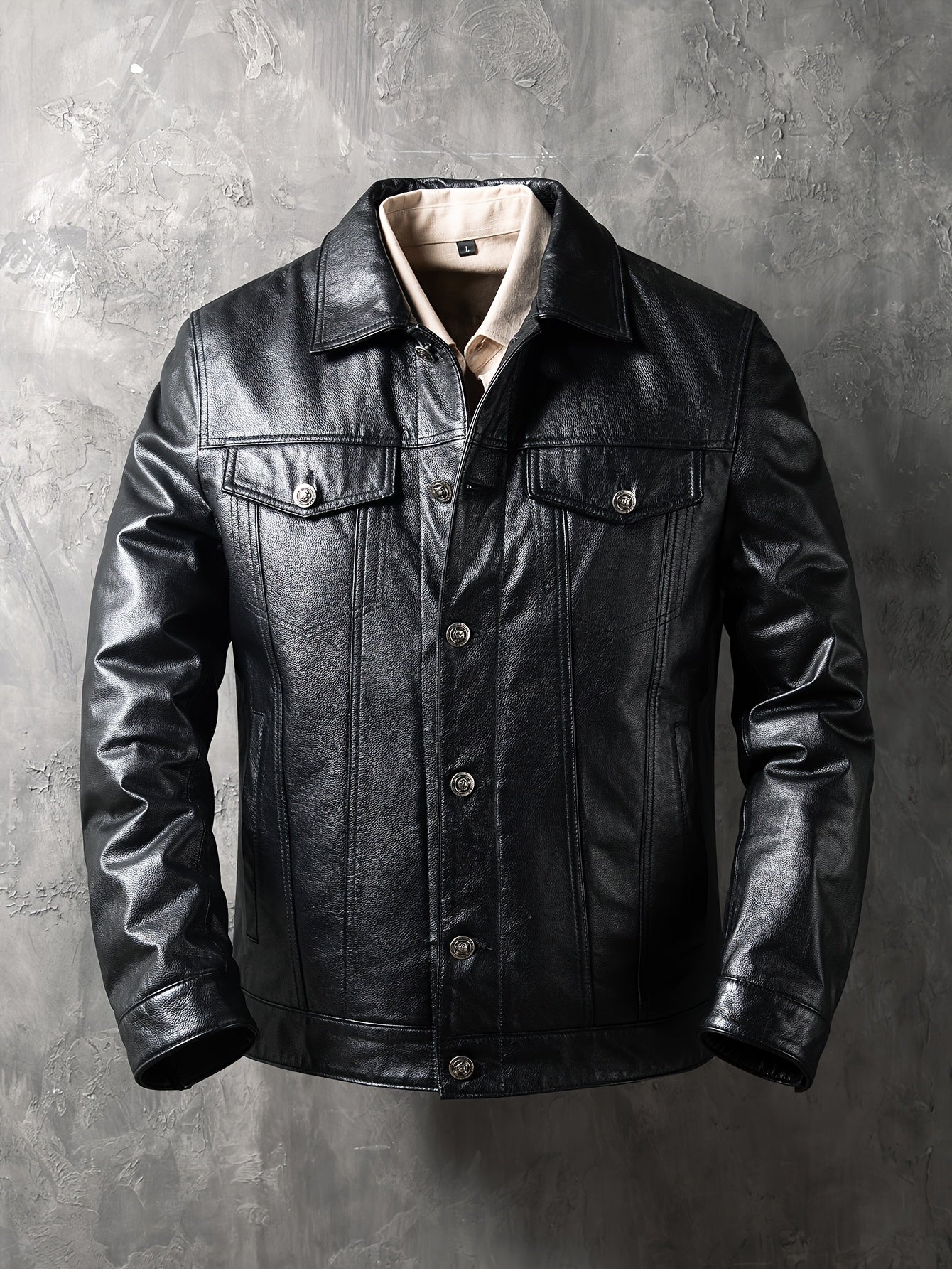 Men's Slim-Fit Jacket - Stylish Short Moto Coat with Pockets, Button-Up Front, Long Sleeves, and Glossy Finish for Casual or Streetwear, Motorcycle Jacket
