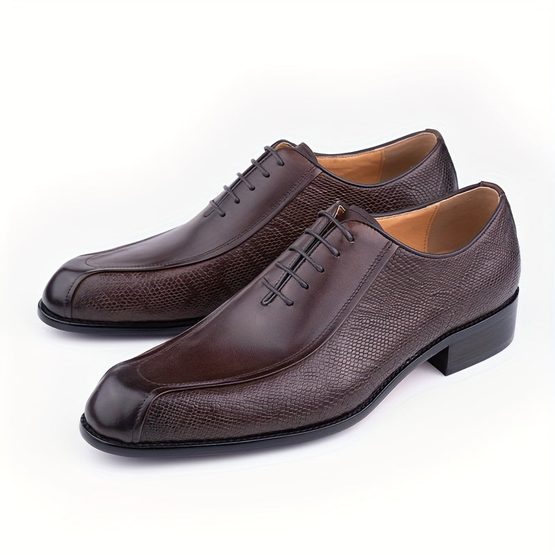 Men's Solid Colour Top Grain Cow Leather Upper Plain Toe Oxford Shoes, Comfy Non Slip Lace Up Rubber Sole Dress Shoes