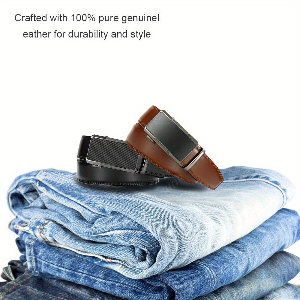 2pcs Ceintures en Cuir de Qualité Supérieure pour Hommes - Longueur Réglable, Durable avec Boucle Automatique, Finition Texturée - Idéales pour le Port Affaires & Décontracté en Noir, Marron Foncé & Fibre de Carbone Noire, Ceinture en Cuir