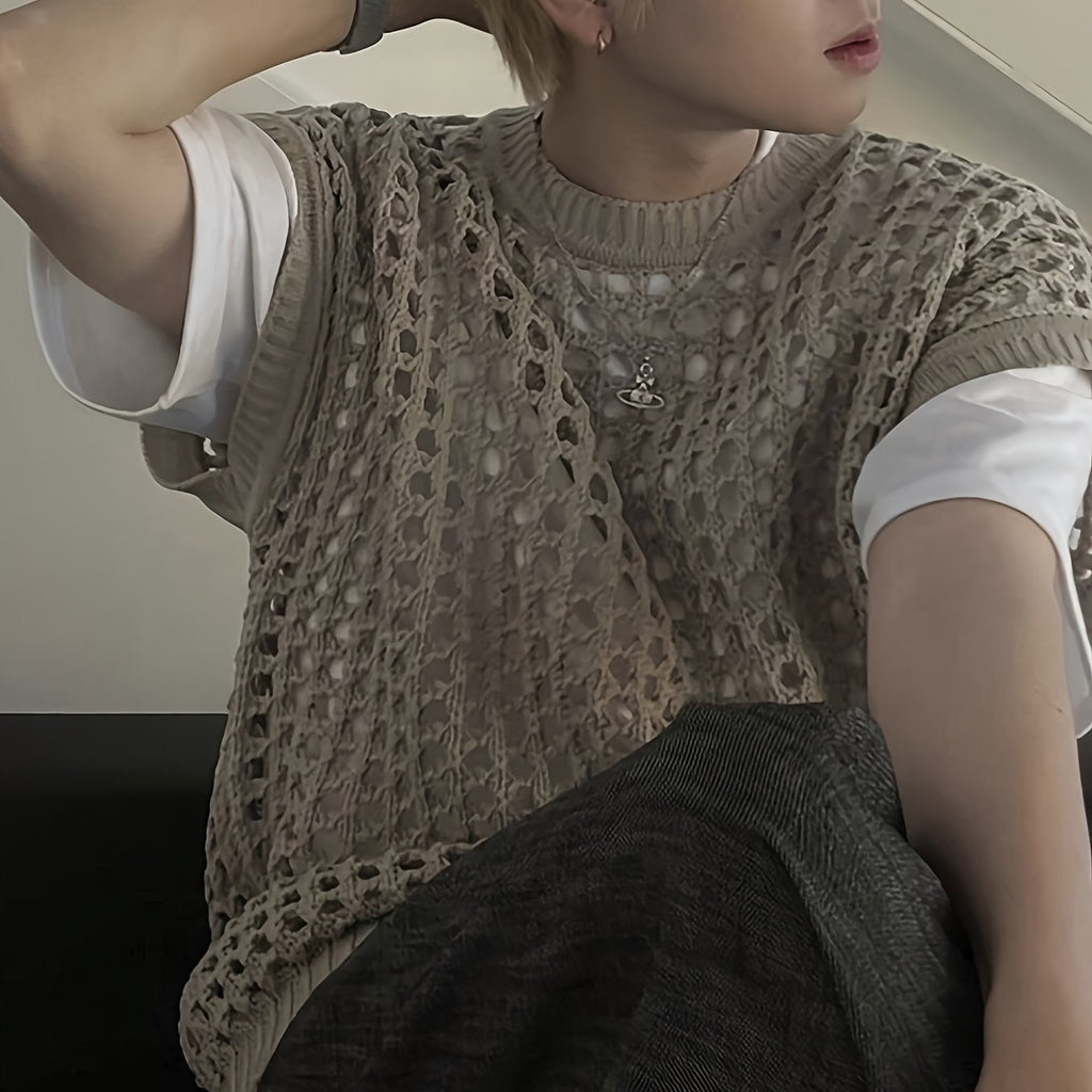 Débardeur homme en viscose ajourée, col rond sans manches - Couleur unie pour look décontracté, extérieur et streetwear - Printemps\u002FÉté\u002FAutomne