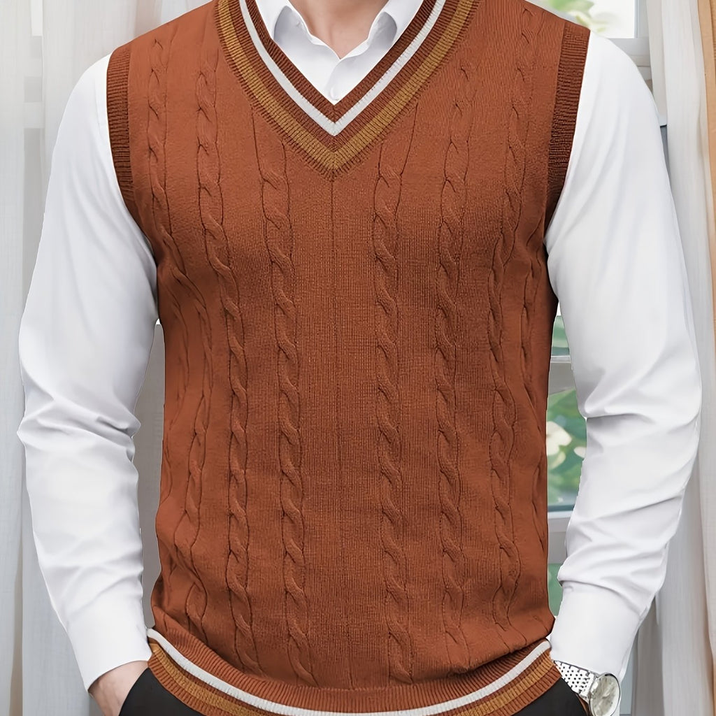 Gilet Homme Sans Manches Col en V Tricoté, Design Décontracté et Rétro, Idéal pour l'Automne et l'Hiver, Parfait pour un Look Décontracté et Sophistiqué en Toute Occasion