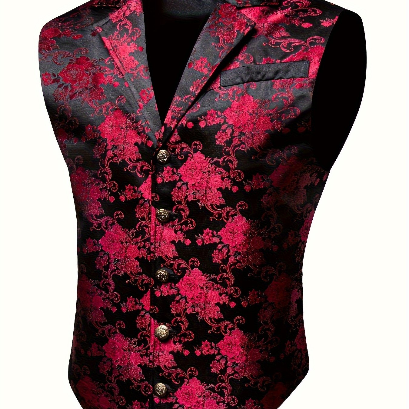Gilet de Costume Jacquard Floral Vintage pour Hommes - Style Steampunk Gothique, Imprimé Floral Vert & Doré, Col Sur Mesure, Bouton en Cuivre, Poches Latérales, Parfait pour les Mariages, Bal de Promo & Événements Formels