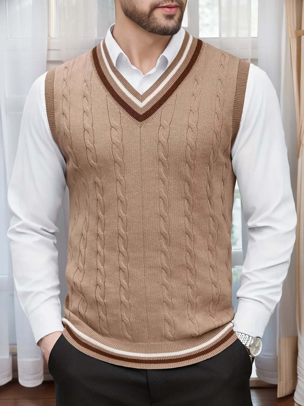Gilet Homme Sans Manches Col en V Tricoté, Design Décontracté et Rétro, Idéal pour l'Automne et l'Hiver, Parfait pour un Look Décontracté et Sophistiqué en Toute Occasion