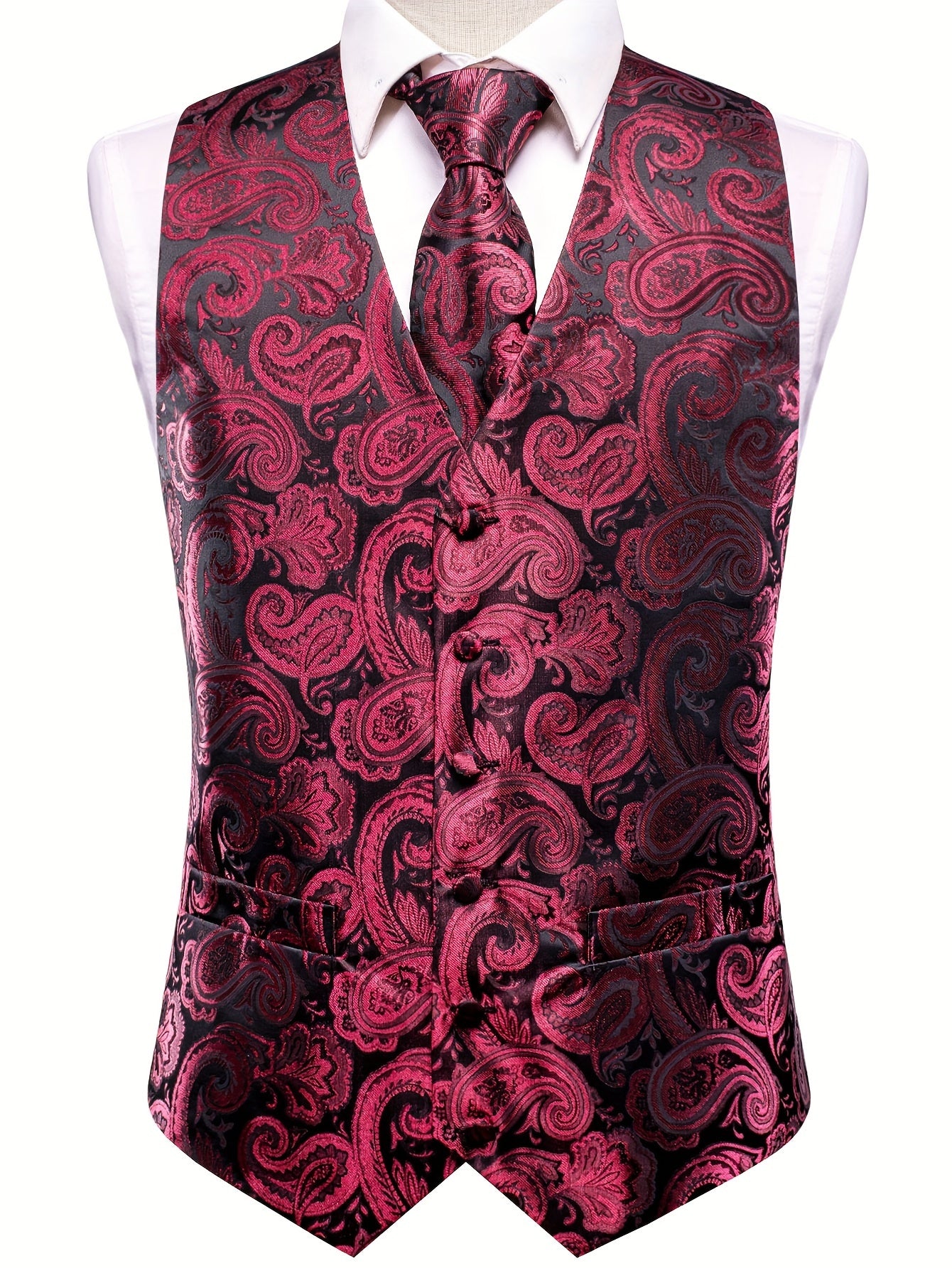 Gilet élégant en jacquard cachemire pour homme avec cravate + mouchoir + boutons de manchette pour mariage\u002Foccasions spéciales