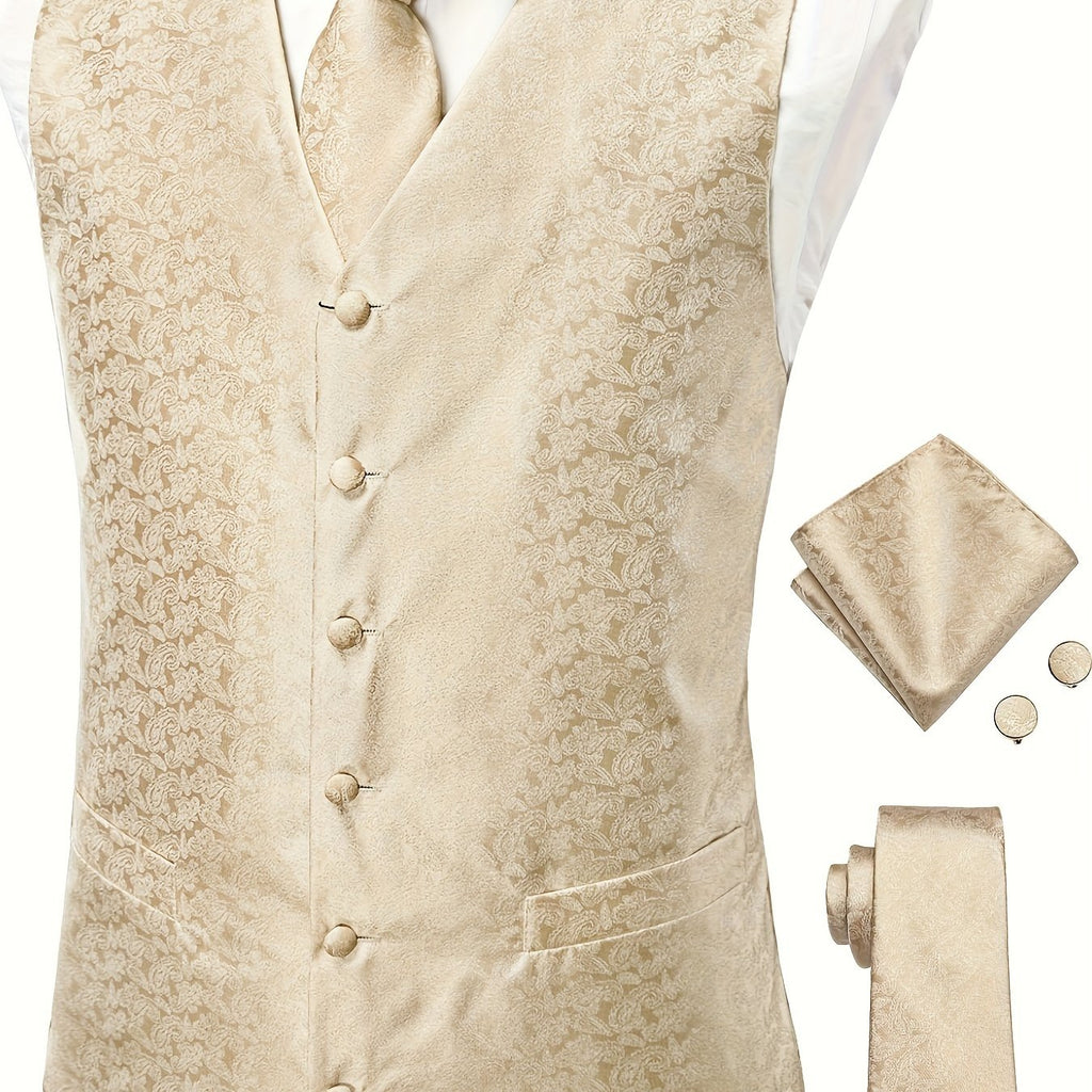 Gilet élégant en jacquard cachemire pour homme avec cravate + mouchoir + boutons de manchette pour mariage\u002Foccasions spéciales