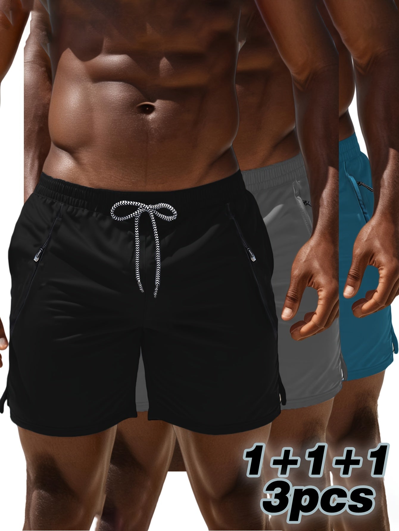 3pcs Men's Casual Athletic Shorts - Breathable, Comfortable, Zippered Pockets, Elastic Waistband, Solid Colors (Blue, Gray, Black) for Fitness, Running & Casual Attire, Running Shorts | Minimalist Shorts | Smooth Texture