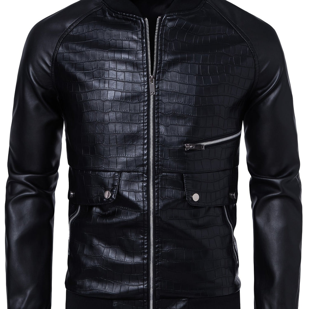 Men's Stylish Black PU Leather Jacket with Zipper Design, Baseball Collar & Crocodile Texture - Perfect for Casual Outings & Outdoor Adventures