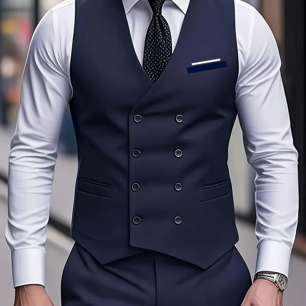 Gilet Sans Manches à Double Boutonnage pour Homme - Noir, Col en V, Léger et Élégant pour Affaires ou Occasions Formelles
