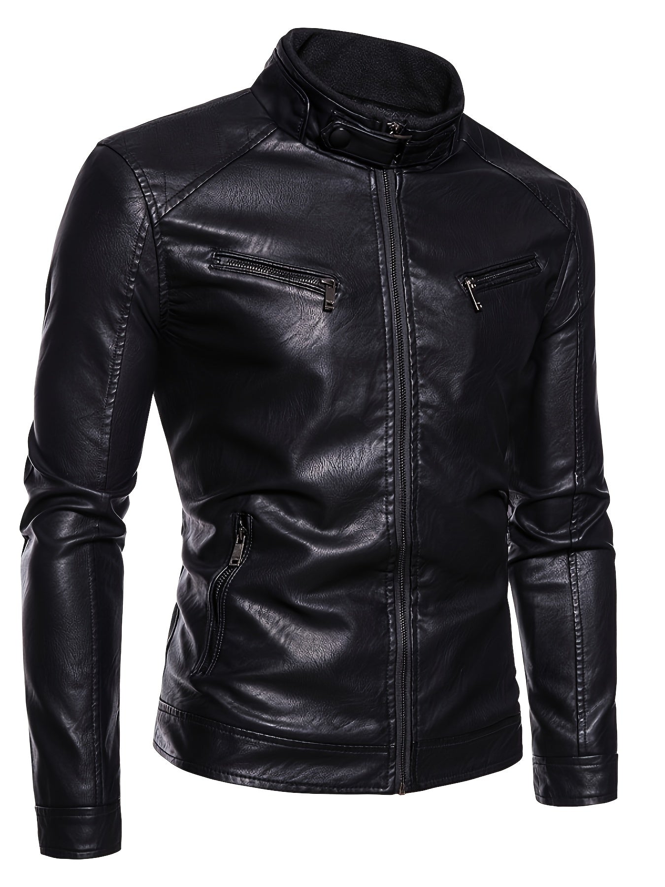 Men's Black PU Leather Jacket - Stylish Stand Collar Moto Biker Outerwear with Zipper & Multiple Pockets, Casual Fall\u002FWinter Fashion, Winter Jacket | Fashion Forward Leatherwear | PU Leather Look, Motorcycle Riding Gear