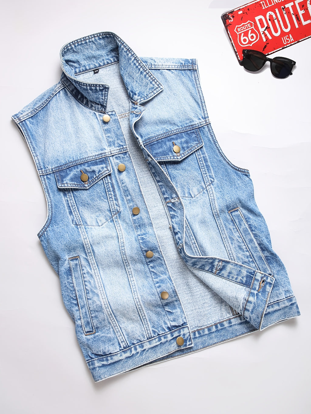 Veste en jean décontractée pour homme, mélange de coton, non extensible, couleur unie, sans manches, col à revers, coupe standard, tissée avec détails de poches