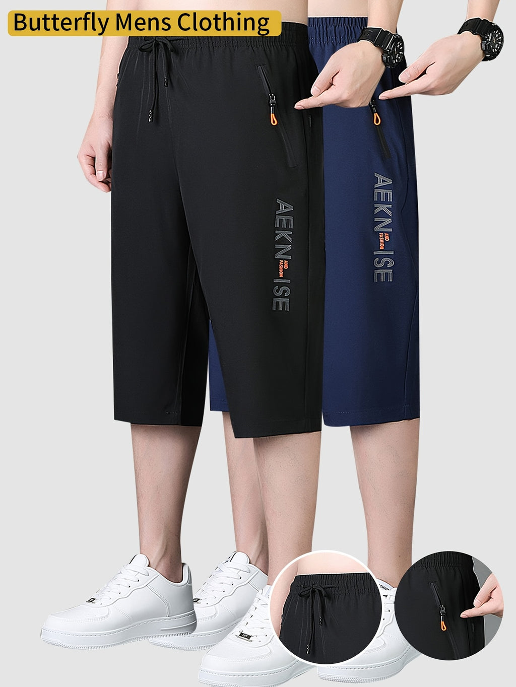 2pcs Men's Mid-Thigh Athletic Shorts with Drawstring & Zipper Pockets - Stylish Letter Print Design, Black & Navy Blue, Perfect for Gym, Casual Wear, Yoga, and Outdoor Activities, Modern Sports Apparel | Durable Sportswear