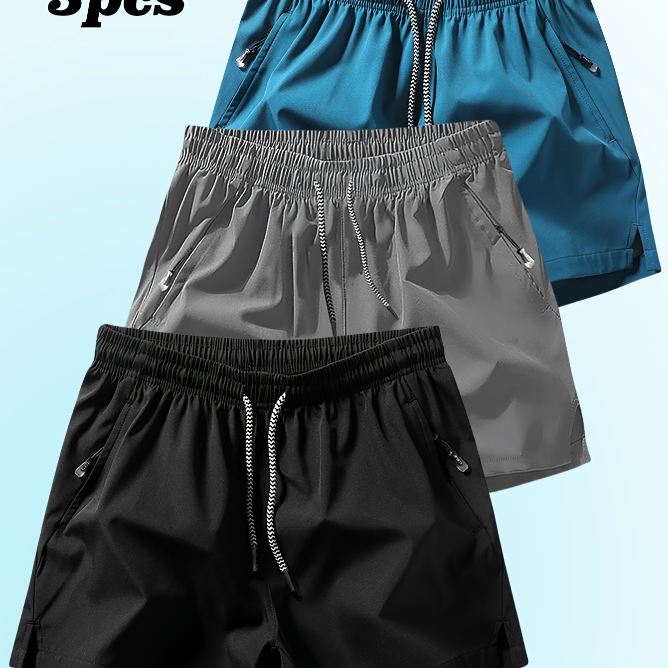 3pcs Men's Casual Athletic Shorts - Breathable, Comfortable, Zippered Pockets, Elastic Waistband, Solid Colors (Blue, Gray, Black) for Fitness, Running & Casual Attire, Running Shorts | Minimalist Shorts | Smooth Texture