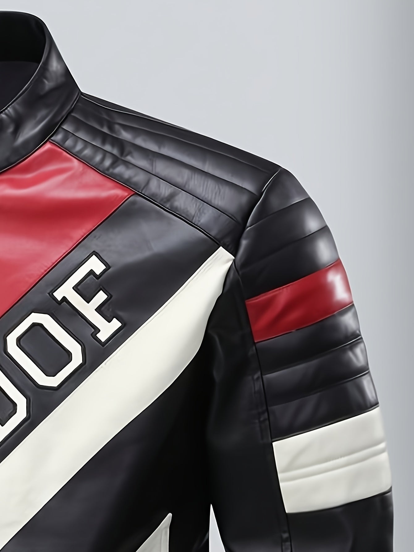 Men's Stylish PU Leather Biker Jacket - Black & Red Color Block Design with \